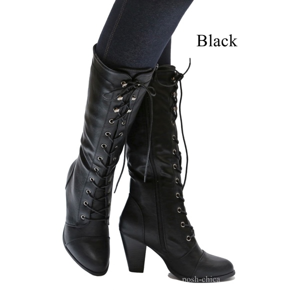 New Black Combat Lace Up Mid-Calf High Heel Boots - Picture 4 of 4